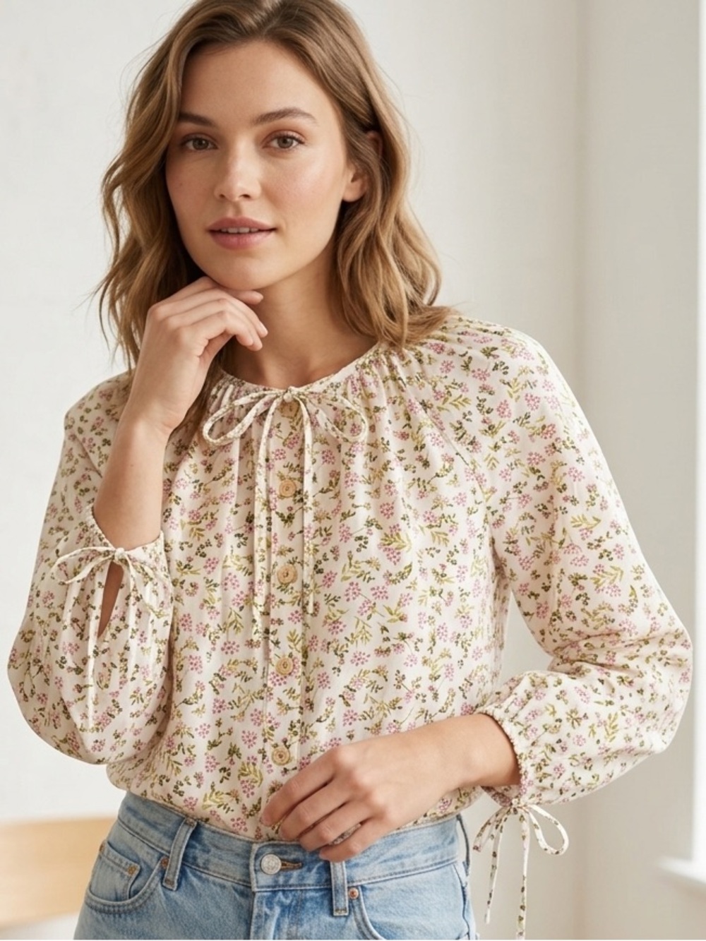 J. Crew Floral Cotton Peasant Blouse Tie Neck Balloon Sleeve Top S